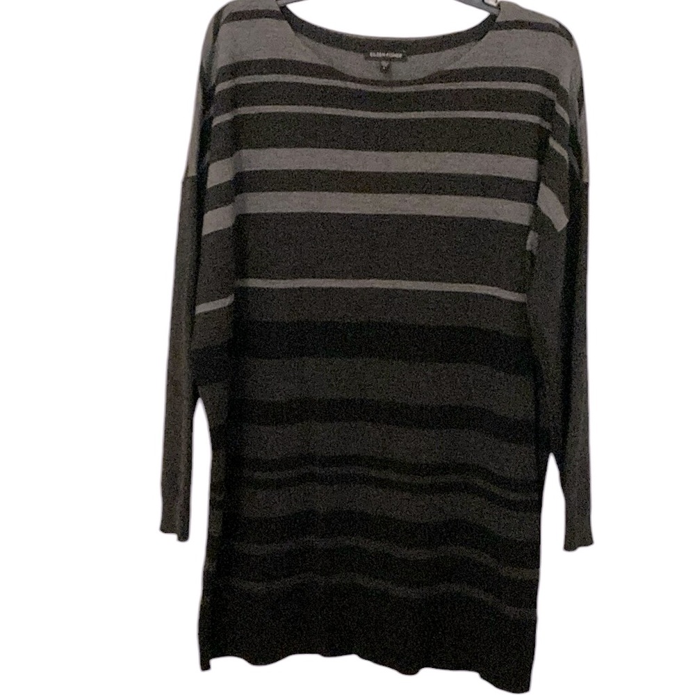 Eileen Fisher Merino Wool Sweater, black & grey tones/stripes, L/XL “Small Flaw”